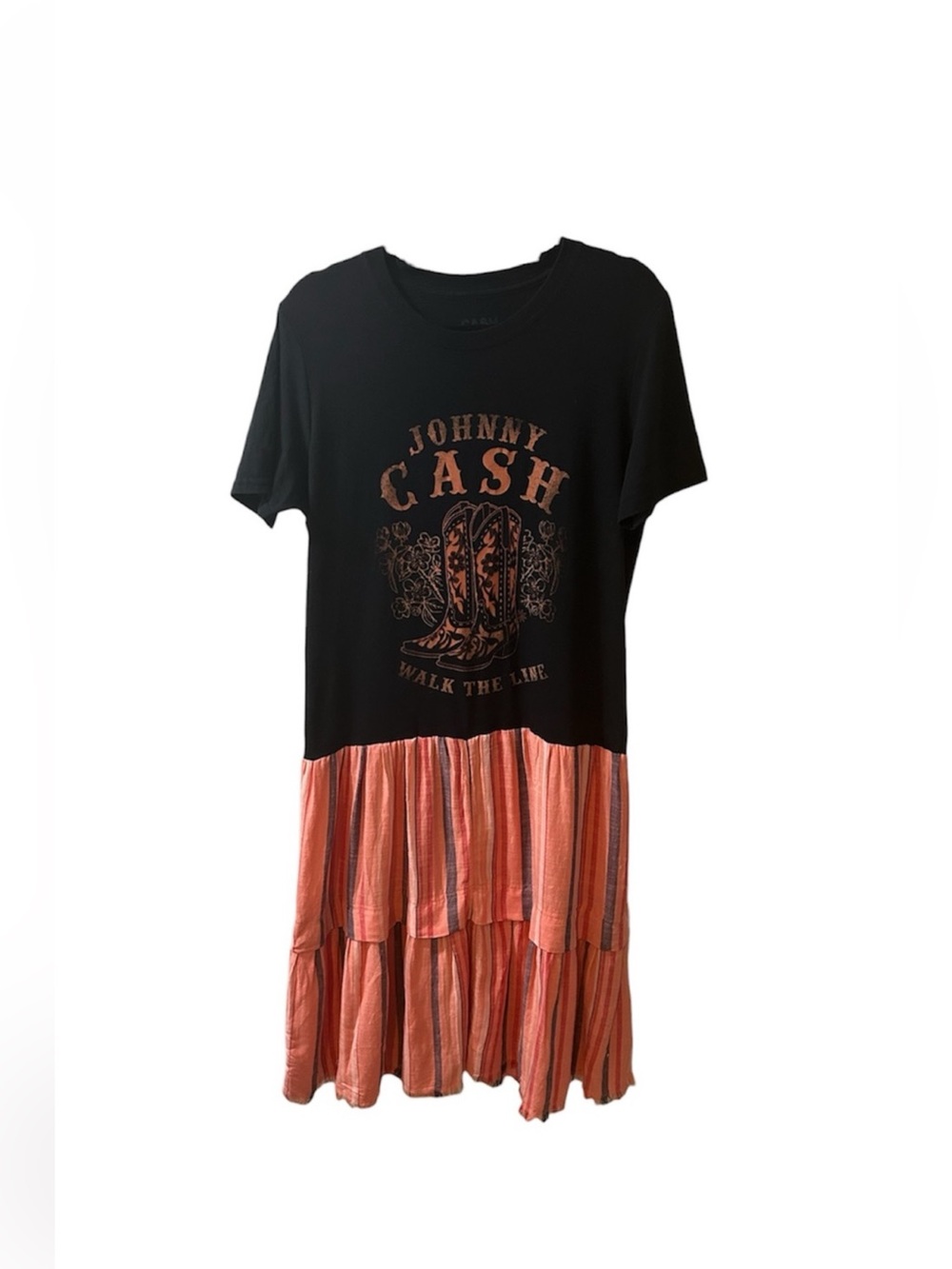 One of a Kind Upcycled Johnny Cash Graphic Tiered Dress - Black & Coral